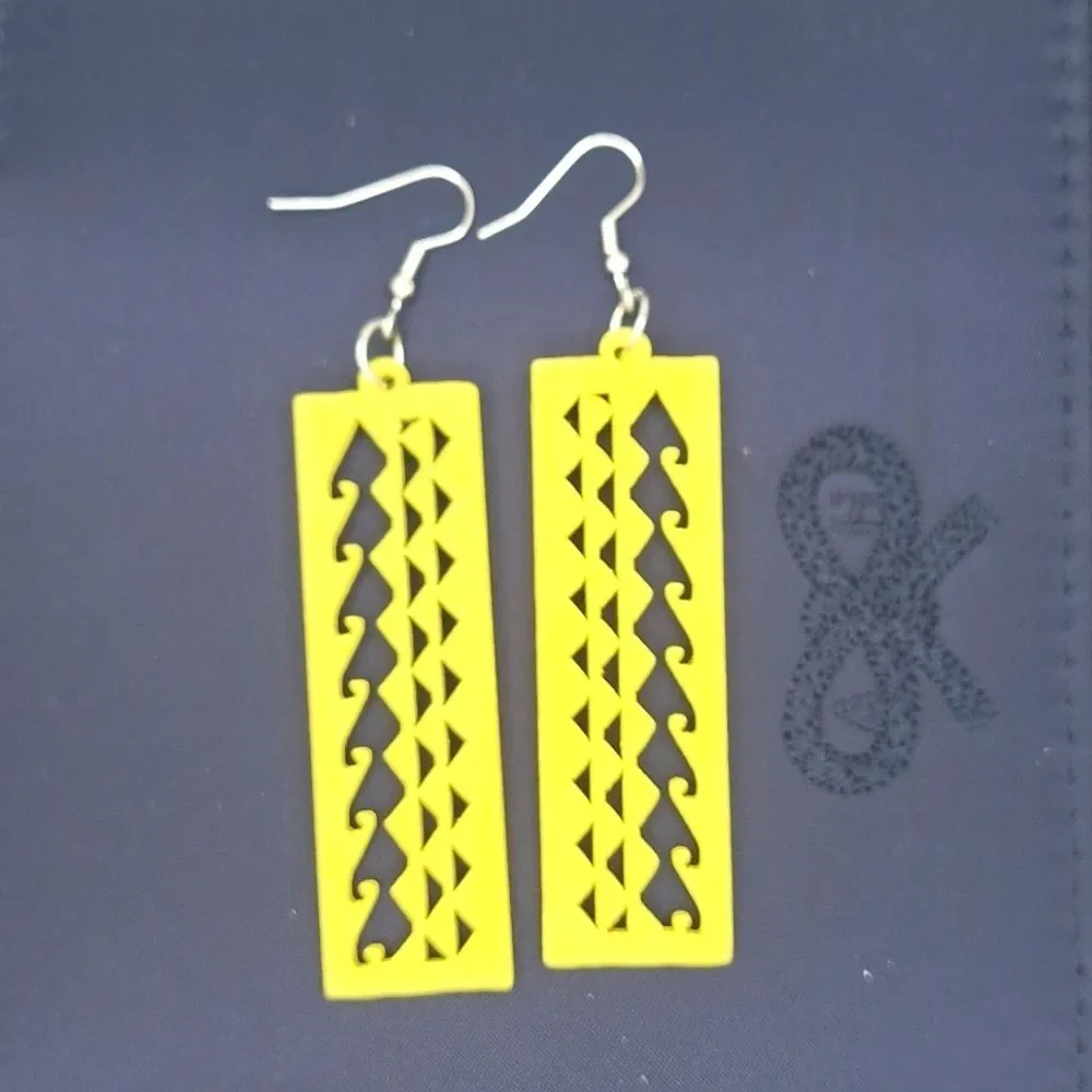 Yellow Wood rectangle earrings hollowed out carved abstract design